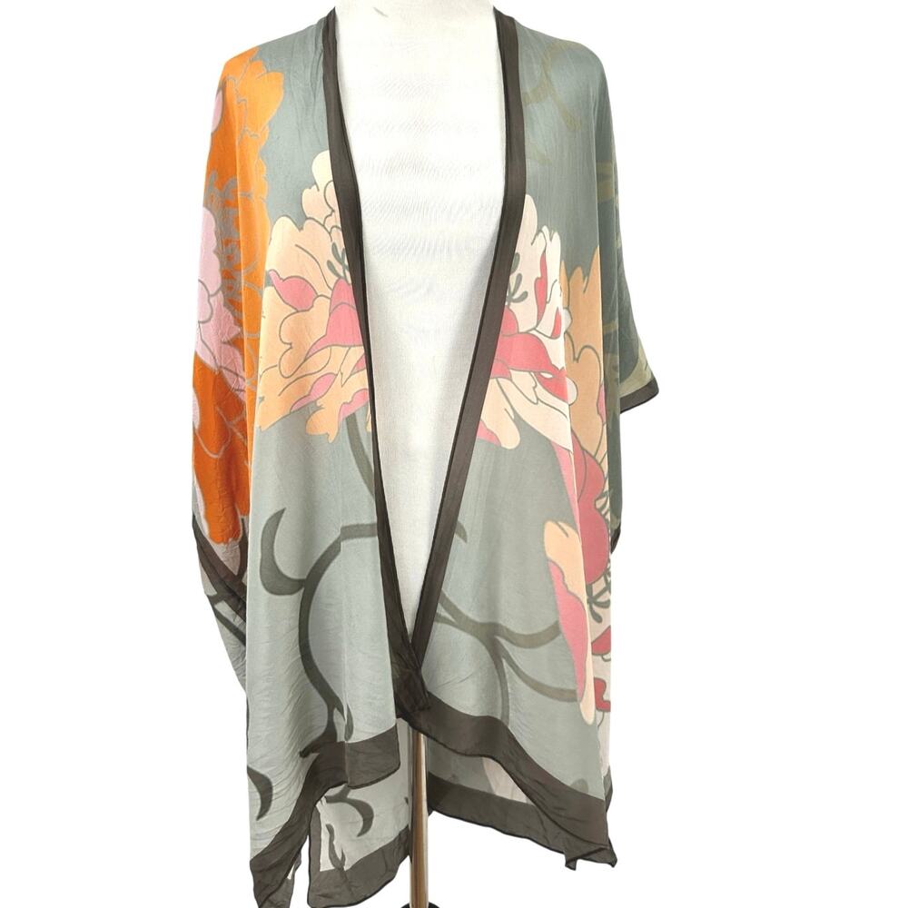 Soft Surroundings 100% Silk Floral Kimono S/M Semi Sheer Boho Draped Open Front